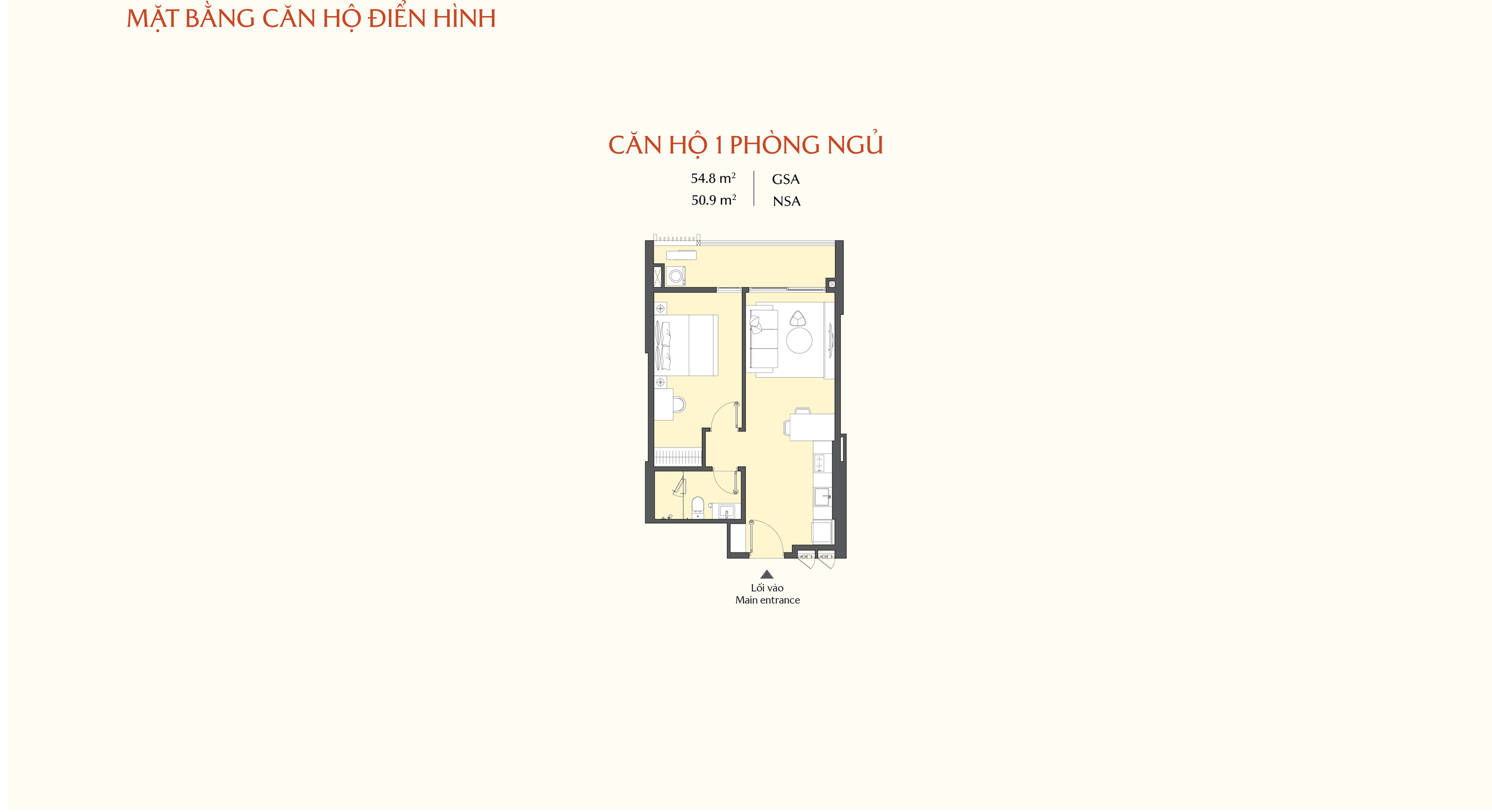 Mặt bằng căn hộ 1 phòng ngủ 54.8m2 Masteri ParkPlace