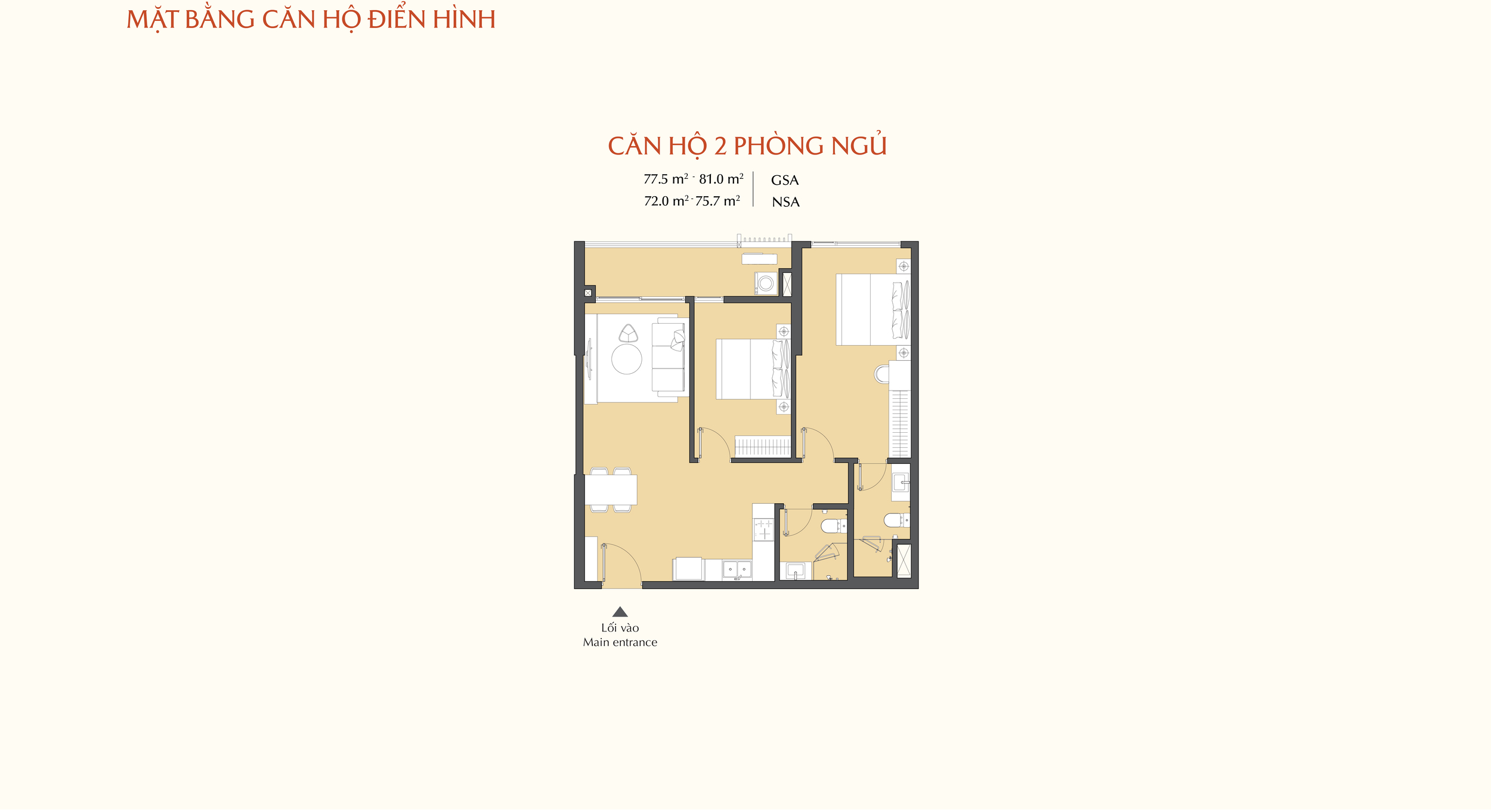 Mặt bằng căn hộ 2 phòng ngủ 77.5m2 Masteri ParkPlace