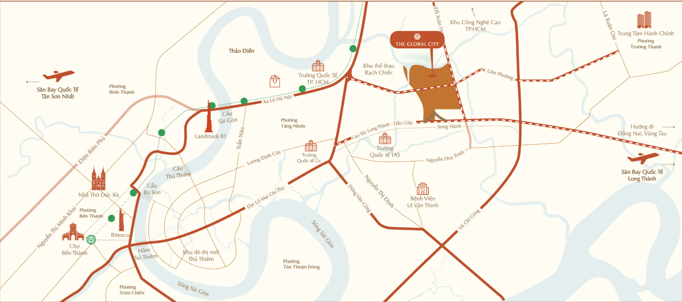 Bản đồ liên kết vùng Masteri Park Place (Phân khu CT5) – kết nối Thủ Thiêm, Quận 1, Sân bay Long Thành